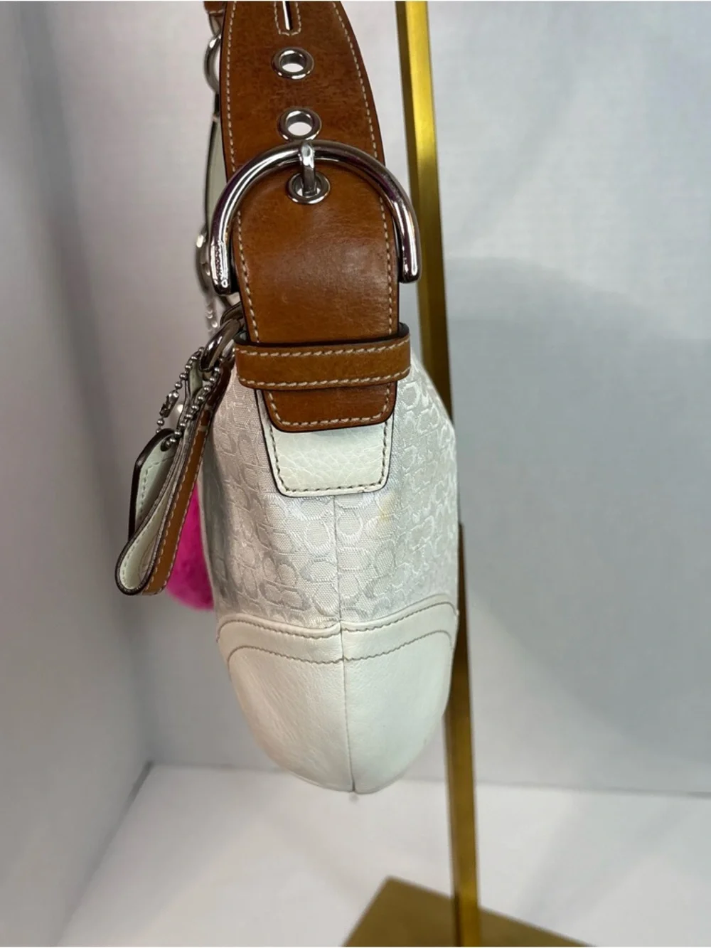 Vintage Coach Signature Soho Hobo Shoulder Bag White Jacquard Brown Leather - Picture 10 of 15